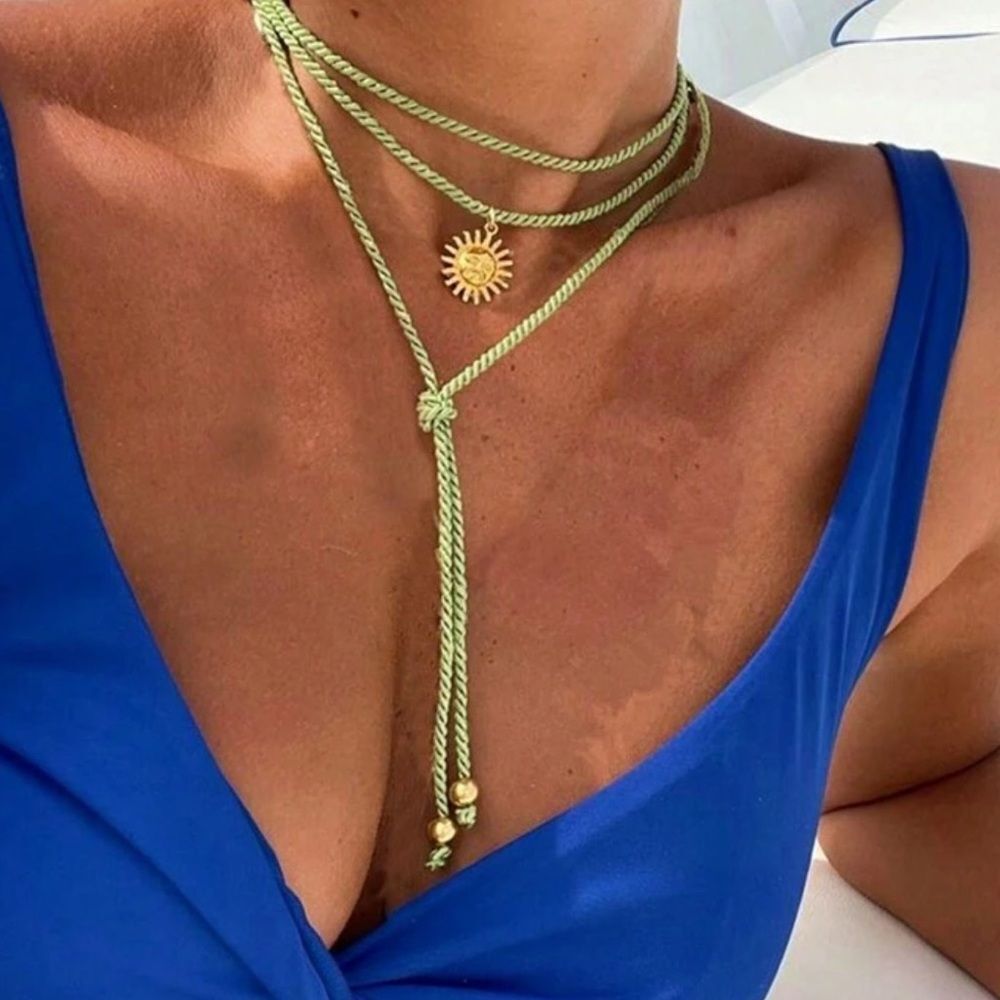 Free People Green Rope Lariat Necklace with Gold Sun Pendant